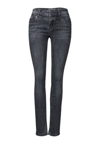 Jeans slim-fit gris foncé en denim ; dotés d'une fermeture à double bouton, de cinq poches et d'un léger délavage du tissu.