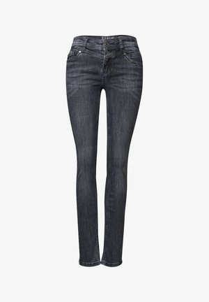 Schmal geschnittene, dunkelgraue Jeans aus Denim; mit doppeltem Knopfverschluss, fünf Taschen und leichter Ausbleichung des Stoffes.