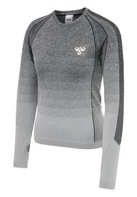 Grå långärmad sporttröja med horisontella gradientränder, tumhål på vänster ärmslut och en vit bi-logotyp på bröstet.