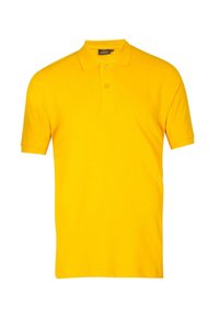 Gelbes Poloshirt mit Kragen, kurzen Ärmeln und drei Knöpfen am Hals. Hergestellt aus einem glatten, atmungsaktiven Stoff.