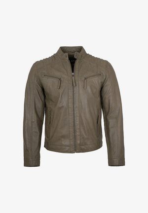 Braune Lederjacke mit Stehkragen, durchgehendem Reißverschluss und zwei Brusttaschen mit horizontalen Reißverschlüssen. Strukturierte Schulterapplikationen.