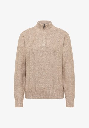 Beige gestrickter Pullover mit hohem Kragen und Halb-Zip-Verschluss. Verfügt über strukturierte Rauten- und Zopfmuster. Rippbündchen und Saum.