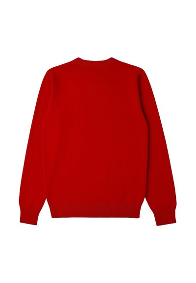 Maglione rosso con scollo tondo, maniche lunghe, polsini e orlo a coste. Il tessuto appare liscio, di colore uniforme e senza motivi visibili.