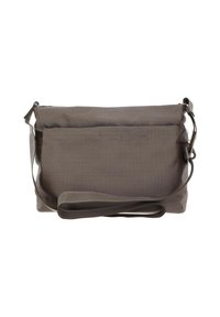 Borsa a tracolla grigia rettangolare realizzata in tessuto texturizzato. Dotata di una tracolla regolabile e di una chiusura a patta con una tasca sul retro.