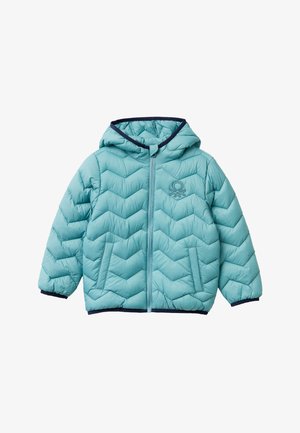 Light blue padded jacket with a hood, featuring a chevron pattern, navy blue accents, and a front zipper with two side pockets.