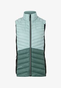 Chaleco acolchado sin mangas en azul claro y teal con cremallera frontal, cuello alto, bolsillos laterales con cremallera y etiqueta "sin plumas" en la parte inferior izquierda.