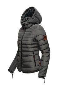 Gray padded jacket with a hood, featuring zip closure, ribbed cuffs, side pockets, and a textured inner lining. Brown logo patch on sleeve.