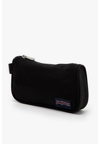 Custodia per matite nera rettangolare con chiusura a zip e patch con logo JanSport sul davanti, su uno sfondo bianco.