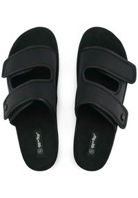 Black slide sandals with two adjustable straps, textured fabric, and a soft footbed. Features a logo on the insole and contrasting stitching.