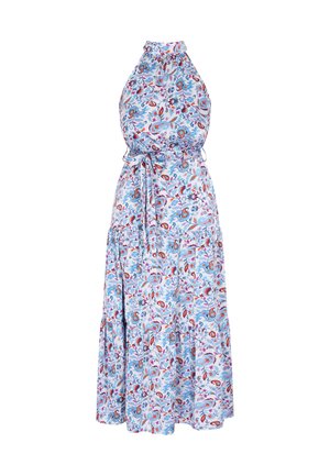 Rožnata obleka iz svetlo modrega blaga, z zasukom okoli vratu, nabran zgornji del, nastavljiv trak v pasu, večplastna krila z tekočo teksturo.