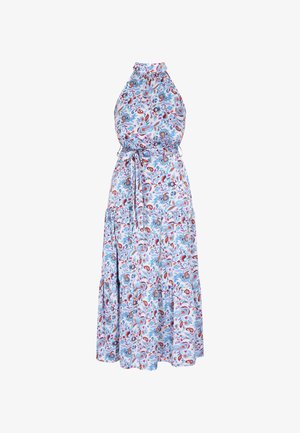 Sukienka w kwiatowy print w jasnoniebieskim kolorze, z dekoltem halter, marszczonym stanikiem, regulowanym wiązaniem w talii, oraz warstwową spódnicą o zwiewnej teksturze.