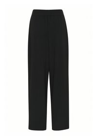 Pantalon noir à jambes larges avec tissu lisse, taille élastique, et coupe à la cheville. Design simple sans motifs ni accents visibles.