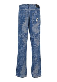 Denim jeans with a faded blue wash, straight leg design, two back pockets, and a branded patch on the waistband. Textured finish with a subtle pattern.