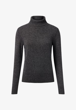 Pull à col roulé côtelé gris foncé avec des manches longues et une coupe ajustée. Fabriqué en tissu doux et texturé avec une finition soignée à l'ourlet.