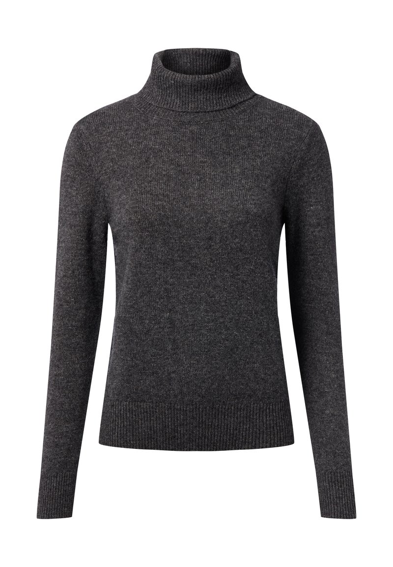 Donkergrijze geribbelde turtleneck trui met lange mouwen en een nauwsluitend ontwerp. Gemaakt van zachte, gestructureerde stof met een nette afwerking aan de zoom.