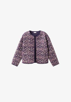 Padded jakna s okroglim ovratnikom, temno vijolične osnove s cvetličnim motivom v roza in krem barvi, dolgimi rokavi in brez zapenjanja.