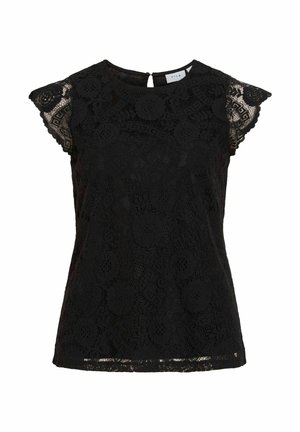 Juoda nėriniuota palaidinė su trumpomis rankovėmis, su apvaliais ir geometriniais raštais, apvaliu iškirpimu ir raktų skylutės uždarymu nugarinėje dalyje.