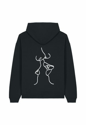 Felpa nera con un disegno artistico in linea continua bianca che rappresenta due volti pronti a baciarsi sul retro.