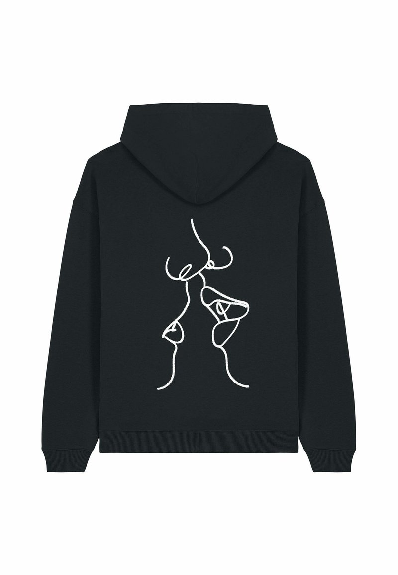 Felpa nera con un disegno artistico in linea continua bianca che rappresenta due volti pronti a baciarsi sul retro.