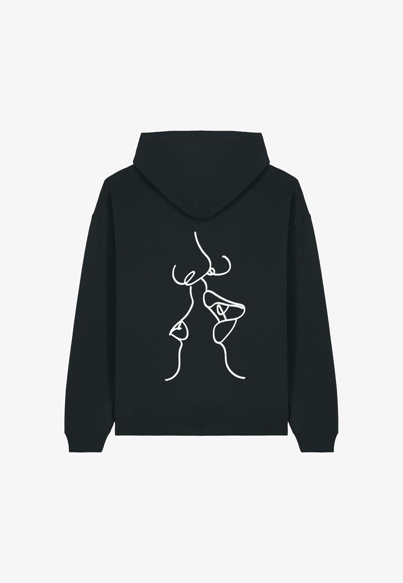 Sudadera negra con arte lineal continuo blanco de dos rostros a punto de besarse en la parte de atrás.