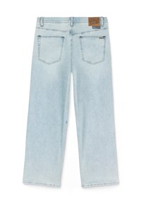 Lyse blå denim vide bukser med høj talje, to baglommer og en tekstureret læderlap med branding på taljebåndet.