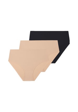 Trois sous-vêtements féminins unis sans coutures, deux beiges et un noir, disposés en rangée superposée sur fond blanc.