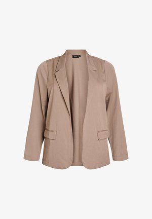 Blazer beige avec un design structuré, des manches longues et deux poches avant. Fabriqué en tissu lisse avec une ouverture devant à un seul bouton.
