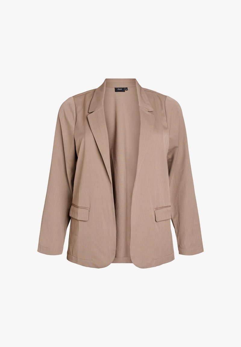 Tan blazer with a structured design, long sleeves, and two front pockets. Made of a smooth fabric with a single-button open front.