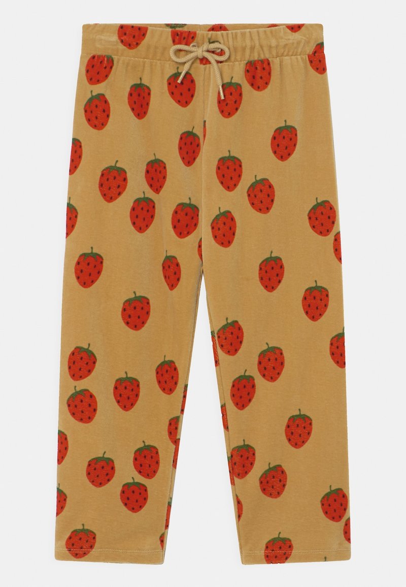 Beige pyjamabroek met een algeheel rode aardbeienprint. Heeft een elastische tailleband met een trekkoord. Zachte, gladde stofkwaliteit.