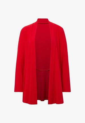 Rote offene Strickjacke mit langen Ärmeln, aus weichem Stoff gefertigt. Bietet eine lässige Passform und minimalistisches Design, mit glatter Textur.