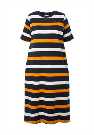 Sukienka o krótkim rękawie i długości do kolan z poziomymi paskami w kolorze granatowym, pomarańczowym i białym, z okrągłym dekoltem.