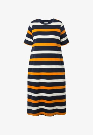 Kurzärmeliges knielanges Kleid mit horizontalen Streifen in Marineblau, Orange und Weiß sowie einem runden Ausschnitt.