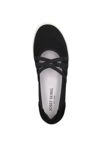 Scarpa atletica nera con tomaia in mesh, cinghie incrociate elastiche e suola in gomma bianca. L'interno è dotato di una soletta imbottita con marchio.