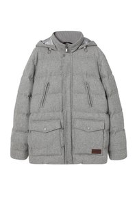 Hall hallitatud jope kõrge krae, lukuga ja trukkidega kinnitused, kaks küljetaskut ja vasakul rinnatasku. Sile sisevooder ja kontrastne tekstuur.