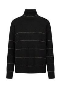 Zwarte coltrui met horizontale metallic zilveren strepen, met een zachte textuur en een relaxte pasvorm. Ribbelboord bij de hals en mouwen.