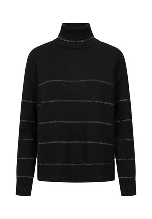 Zwarte coltrui met horizontale metallic zilveren strepen, met een zachte textuur en een relaxte pasvorm. Ribbelboord bij de hals en mouwen.