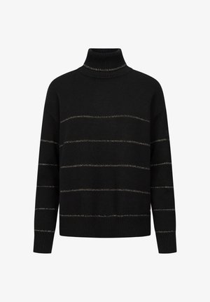 Czarny sweter typu golf z poziomymi metalicznymi srebrnymi paskami, charakteryzujący się miękką teksturą i luźnym krojem. Ribbowany dekolt i mankiety.