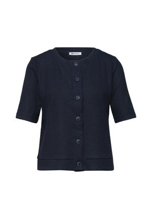 Navy blue short-sleeve cardigan with round neckline, six front buttons, and a straight hem.