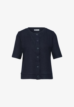 Marineblauer Kurzarm-Cardigan mit rundem Ausschnitt, sechs Knöpfen vorne und geradem Saum.