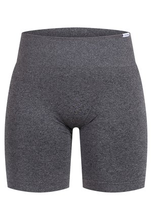 Pantalones cortos elásticos grises con una cinturilla gruesa, textura suave y diseño atlético, adecuados para ropa activa o prendas interiores.