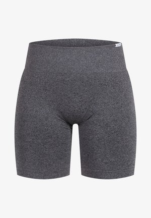 Szare krótkie spodenki wykonane z elastycznego materiału, z szerokim pasem w talii, gładką fakturą i sportowym fasonem, idealne do noszenia podczas aktywności fizycznej lub jako bielizna.