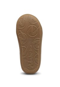 Suola di scarpa in gomma con superficie texture, caratterizzata da motivi circolari e un'impronta del logo, di colore marrone caldo. Taglia 21 indicata.