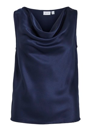 Marineblauwe mouwloze blouse met een gedrapeerde colletkraag, gemaakt van gladde satijnen stof, met een eenvoudig, strak ontwerp zonder versieringen.