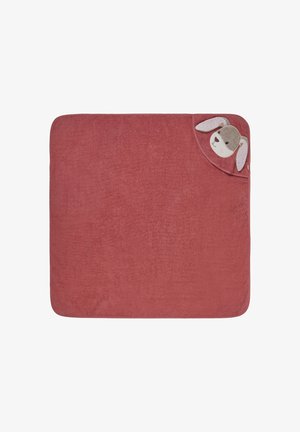 Weiche, Frottee-Decke in sanftem Rosaton, mit einem gestickten Tiergesicht mit schlappen Ohren in einer Ecke.