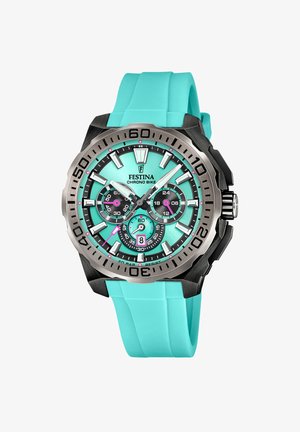 Reloj Festina Chrono Bike con correa de goma turquesa, caja de acero inoxidable negro y una esfera vibrante en aqua que presenta tres subesferas y marcadores de hora en negrita.