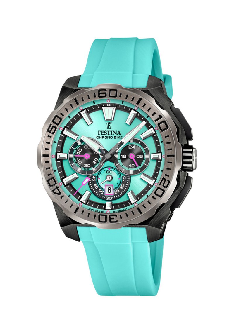 Festina Chrono Bike ura z zeleni gumijasti pas, črnimi nerjavnimi jeklenimi ohišjem in živahnim akvamarinastim številčnico z tremi podštevilčnicami ter izrazitimi urami.