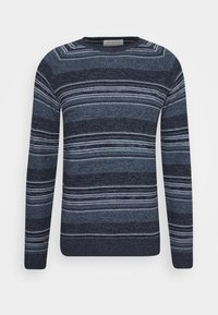 Svetr pruhovaný v námořnické a světle modré barvě, s dlouhými rukávy, kulatým výstřihem a texturovanou pleteninou. Má na sobě střídající se široké a úzké pruhy.