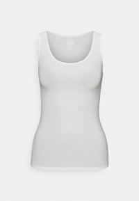 Un débardeur blanc sans manches avec un col arrondi, fabriqué en tissu extensible doux, coupe ajustée, bords nets et sans motifs ni designs visibles.