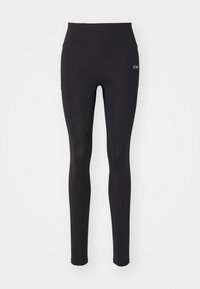 Leggings neri realizzati in tessuto elasticizzato, design a vita alta, texture liscia, con dettagli di cucitura e un piccolo logo.