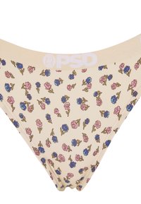 Beige blomstertruse med rosa og blå blomstermønster. Har en myk midjeelastikk med "PSD"-logo. Laget av elastisk stoff.